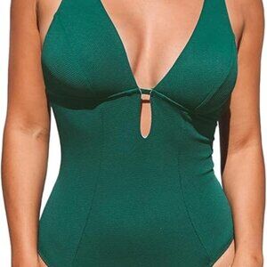 Emerald Green Cutout One Piece Swimsuit Deep V Halter Keyhole Design